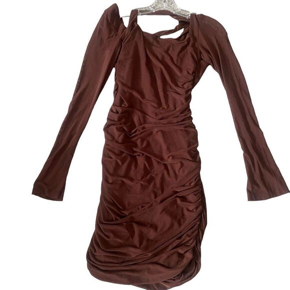 Bodycon Cutout Long Sleeve Mesh Mini Dress Chocolate Brown Size Large NEW - Picture 1 of 10